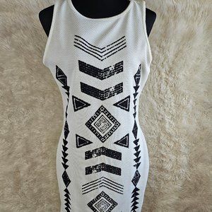 Guess Women's White and Black Beaded Sleevesless Midi Dress Size L